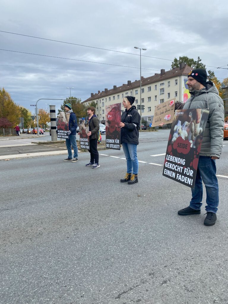 Aktivisti auf der Straße, halten Schilder hoch.